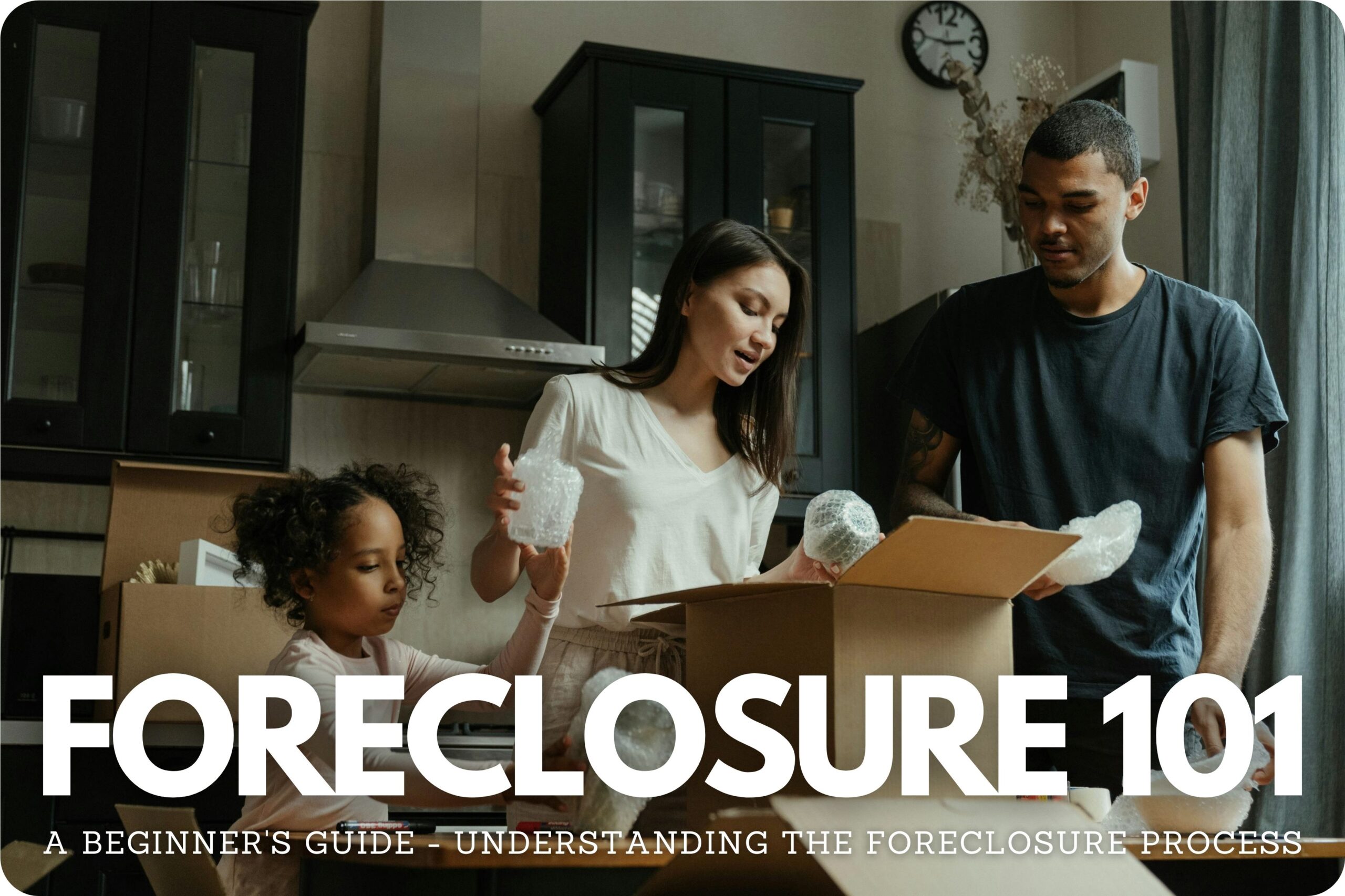 Happy family unloading groceries in kitchen, secure in their home thanks to effective foreclosure prevention strategies.